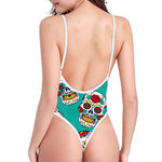 Teal Sugar Skull Pattern Print High Cut One Piece Swimsuit