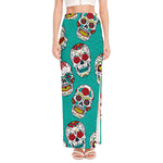 Teal Sugar Skull Pattern Print High Slit Maxi Skirt