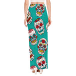 Teal Sugar Skull Pattern Print High Slit Maxi Skirt