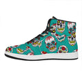 Teal Sugar Skull Pattern Print High Top Leather Sneakers