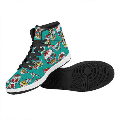 Teal Sugar Skull Pattern Print High Top Leather Sneakers