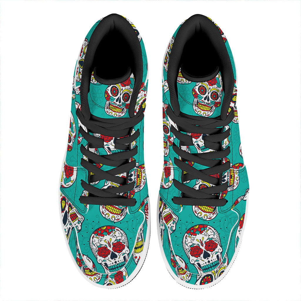 Teal Sugar Skull Pattern Print High Top Leather Sneakers