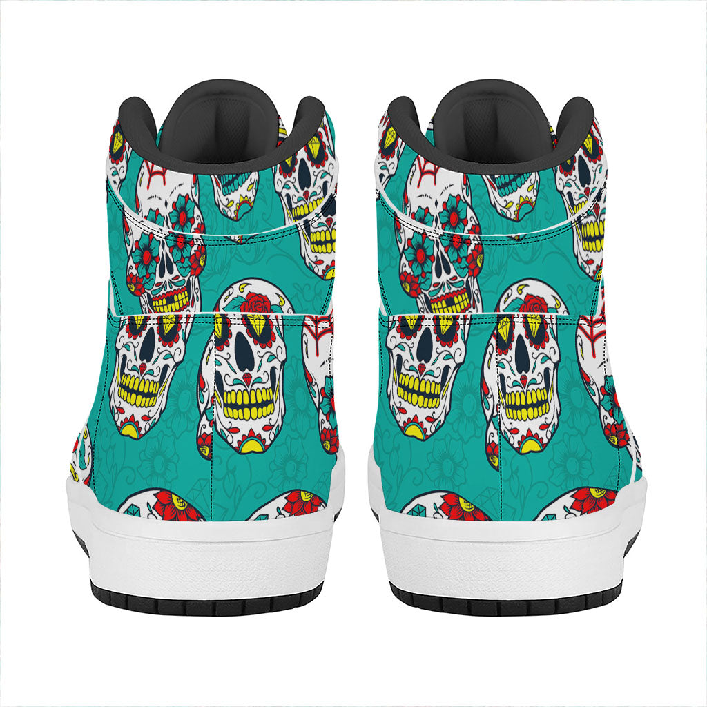 Teal Sugar Skull Pattern Print High Top Leather Sneakers