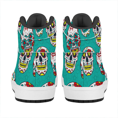 Teal Sugar Skull Pattern Print High Top Leather Sneakers