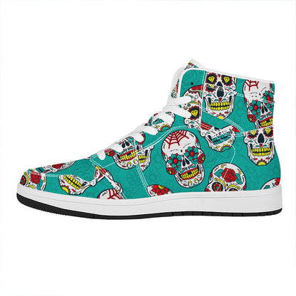 Teal Sugar Skull Pattern Print High Top Leather Sneakers