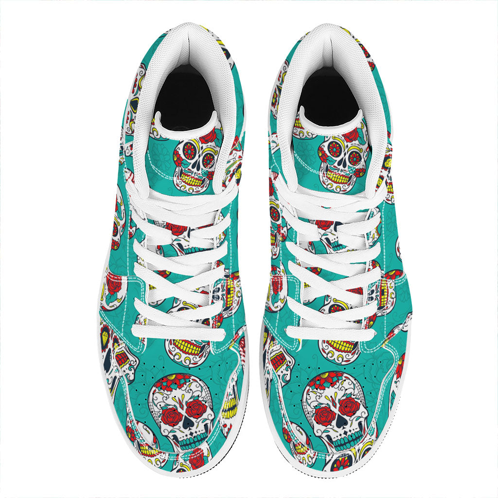 Teal Sugar Skull Pattern Print High Top Leather Sneakers