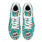 Teal Sugar Skull Pattern Print High Top Leather Sneakers