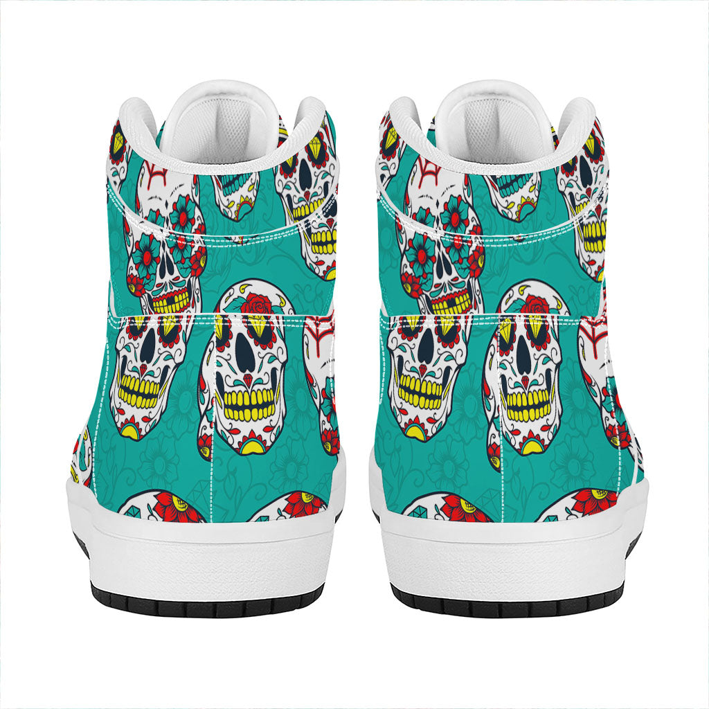 Teal Sugar Skull Pattern Print High Top Leather Sneakers