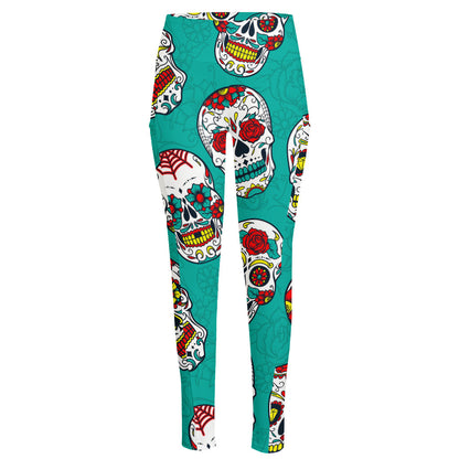 Teal Sugar Skull Pattern Print High-Waisted Pocket Leggings