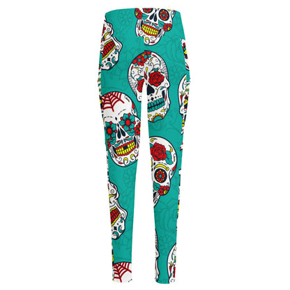 Teal Sugar Skull Pattern Print High-Waisted Pocket Leggings