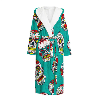 Teal Sugar Skull Pattern Print Hooded Bathrobe