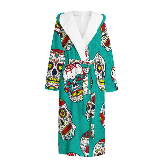 Teal Sugar Skull Pattern Print Hooded Bathrobe