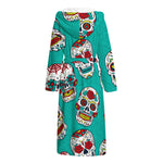 Teal Sugar Skull Pattern Print Hooded Bathrobe