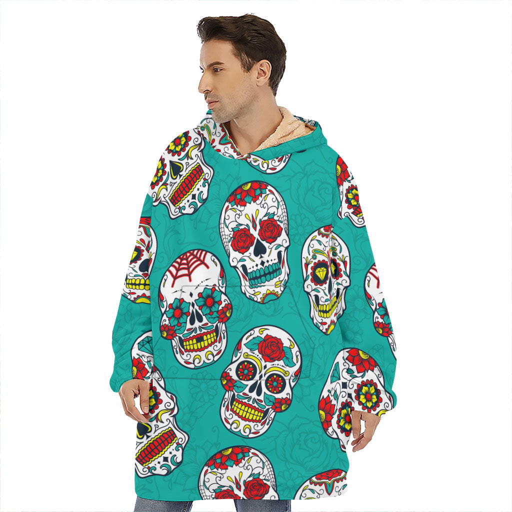 Teal Sugar Skull Pattern Print Hoodie Blanket