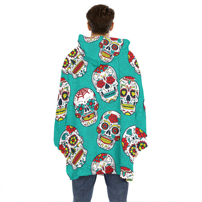 Teal Sugar Skull Pattern Print Hoodie Blanket
