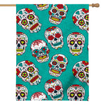 Teal Sugar Skull Pattern Print House Flag