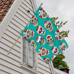 Teal Sugar Skull Pattern Print House Flag