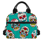 Teal Sugar Skull Pattern Print Insulated Lunch Bag