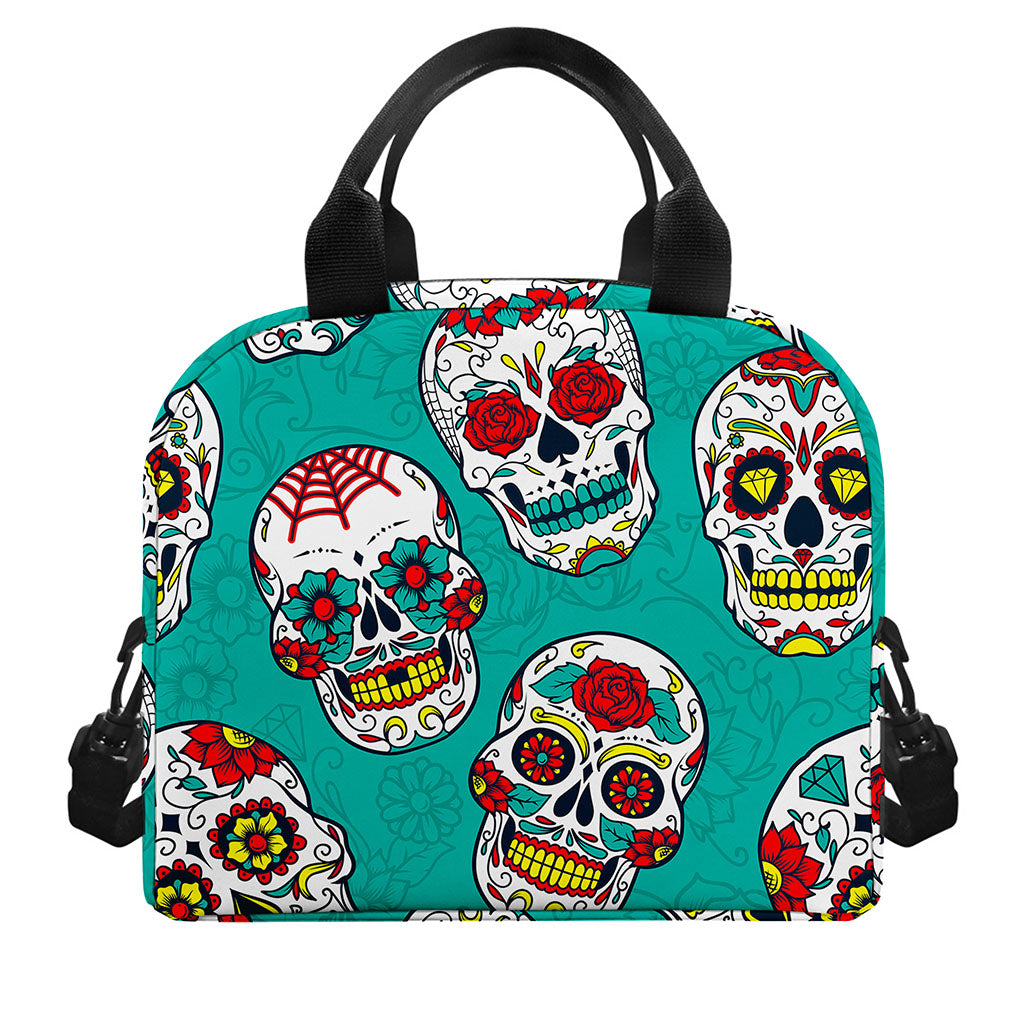 Teal Sugar Skull Pattern Print Insulated Lunch Bag