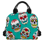 Teal Sugar Skull Pattern Print Insulated Lunch Bag
