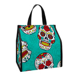 Teal Sugar Skull Pattern Print Insulated Lunch Tote