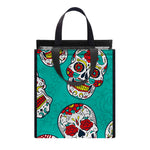Teal Sugar Skull Pattern Print Insulated Lunch Tote