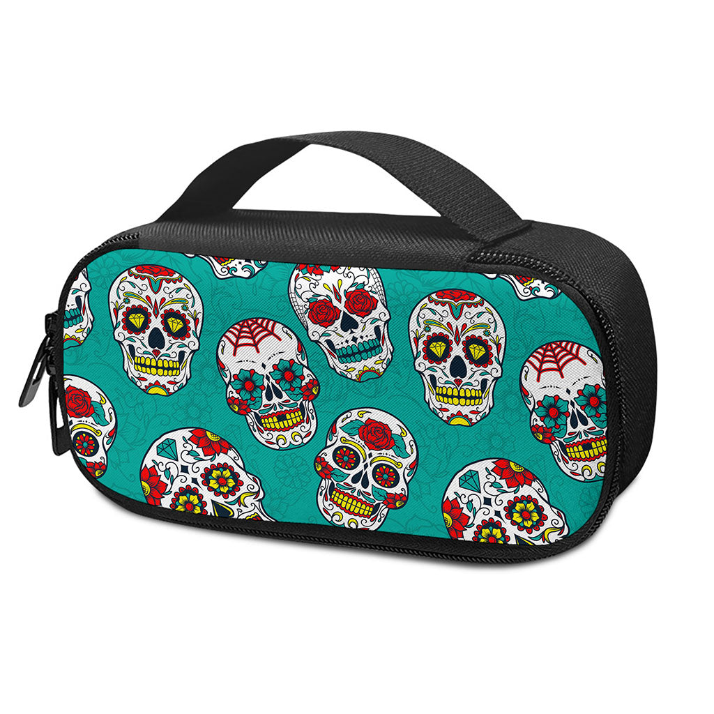 Teal Sugar Skull Pattern Print Insulin Cooler Travel Case