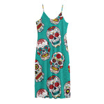 Teal Sugar Skull Pattern Print Jersey Midi Cami Dress