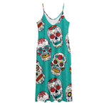 Teal Sugar Skull Pattern Print Jersey Midi Cami Dress