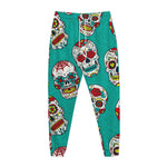Teal Sugar Skull Pattern Print Jogger Pants