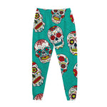 Teal Sugar Skull Pattern Print Jogger Pants
