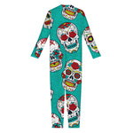 Teal Sugar Skull Pattern Print Jumpsuit