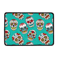 Teal Sugar Skull Pattern Print Kitchen Mat