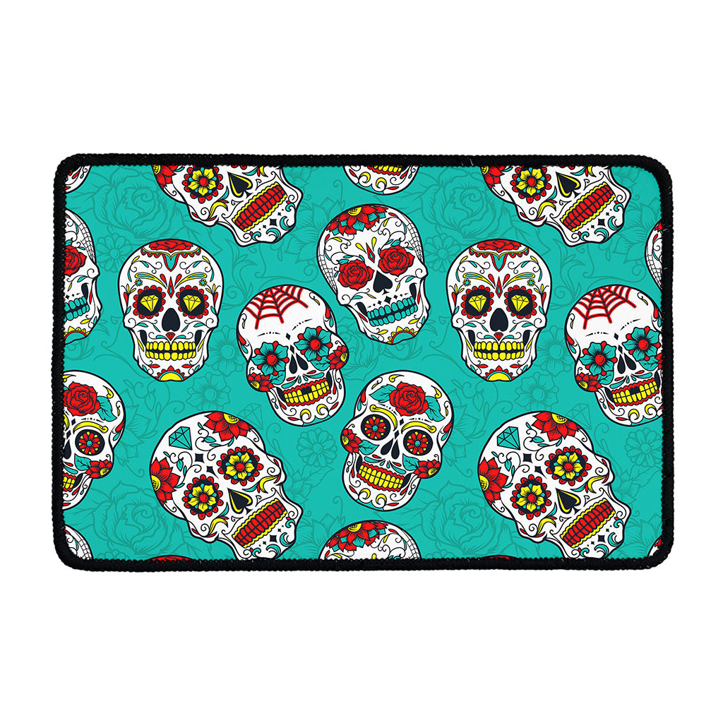 Teal Sugar Skull Pattern Print Kitchen Mat