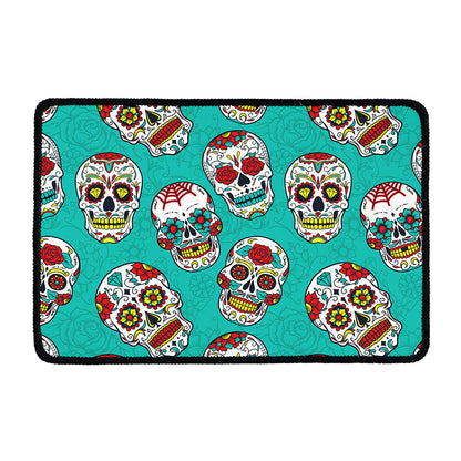 Teal Sugar Skull Pattern Print Kitchen Mat