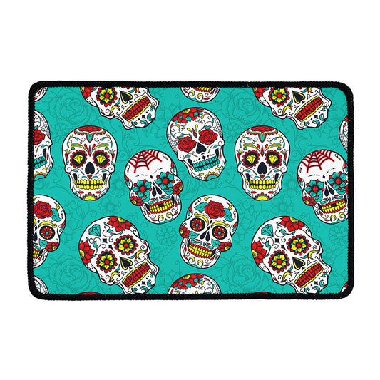 Teal Sugar Skull Pattern Print Kitchen Mat