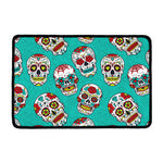 Teal Sugar Skull Pattern Print Kitchen Mat