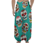 Teal Sugar Skull Pattern Print Lantern Pants