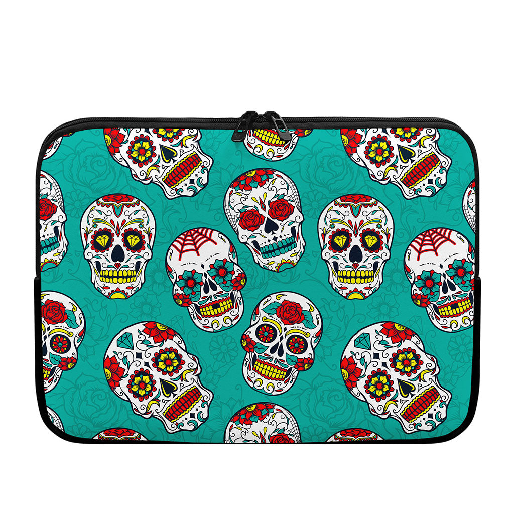 Teal Sugar Skull Pattern Print Laptop Sleeve