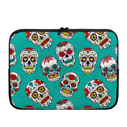 Teal Sugar Skull Pattern Print Laptop Sleeve