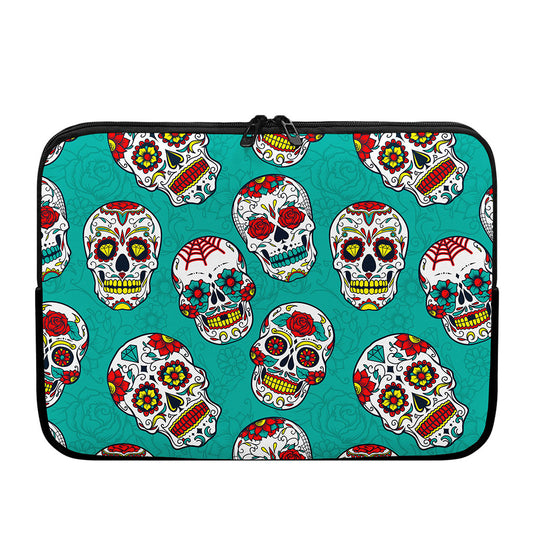 Teal Sugar Skull Pattern Print Laptop Sleeve