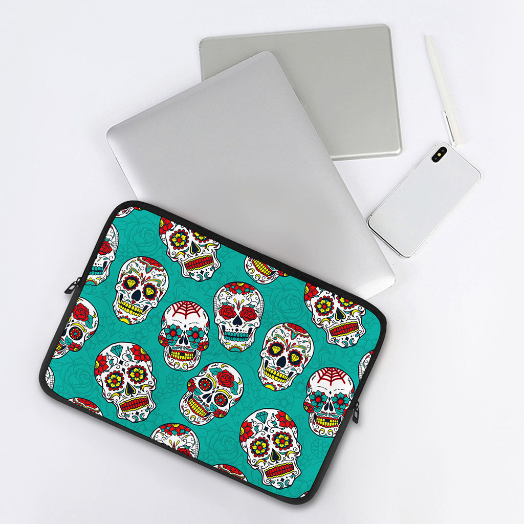 Teal Sugar Skull Pattern Print Laptop Sleeve
