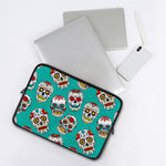 Teal Sugar Skull Pattern Print Laptop Sleeve