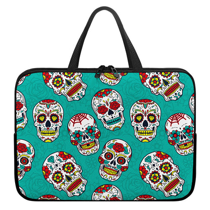 Teal Sugar Skull Pattern Print Laptop Sleeve With Handle