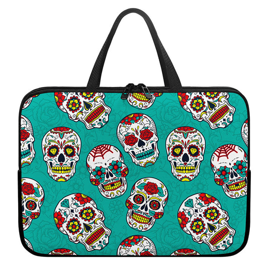Teal Sugar Skull Pattern Print Laptop Sleeve With Handle