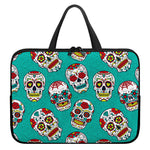 Teal Sugar Skull Pattern Print Laptop Sleeve With Handle