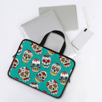 Teal Sugar Skull Pattern Print Laptop Sleeve With Handle