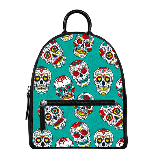 Teal Sugar Skull Pattern Print Leather Backpack