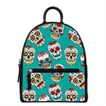 Teal Sugar Skull Pattern Print Leather Backpack