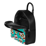 Teal Sugar Skull Pattern Print Leather Backpack